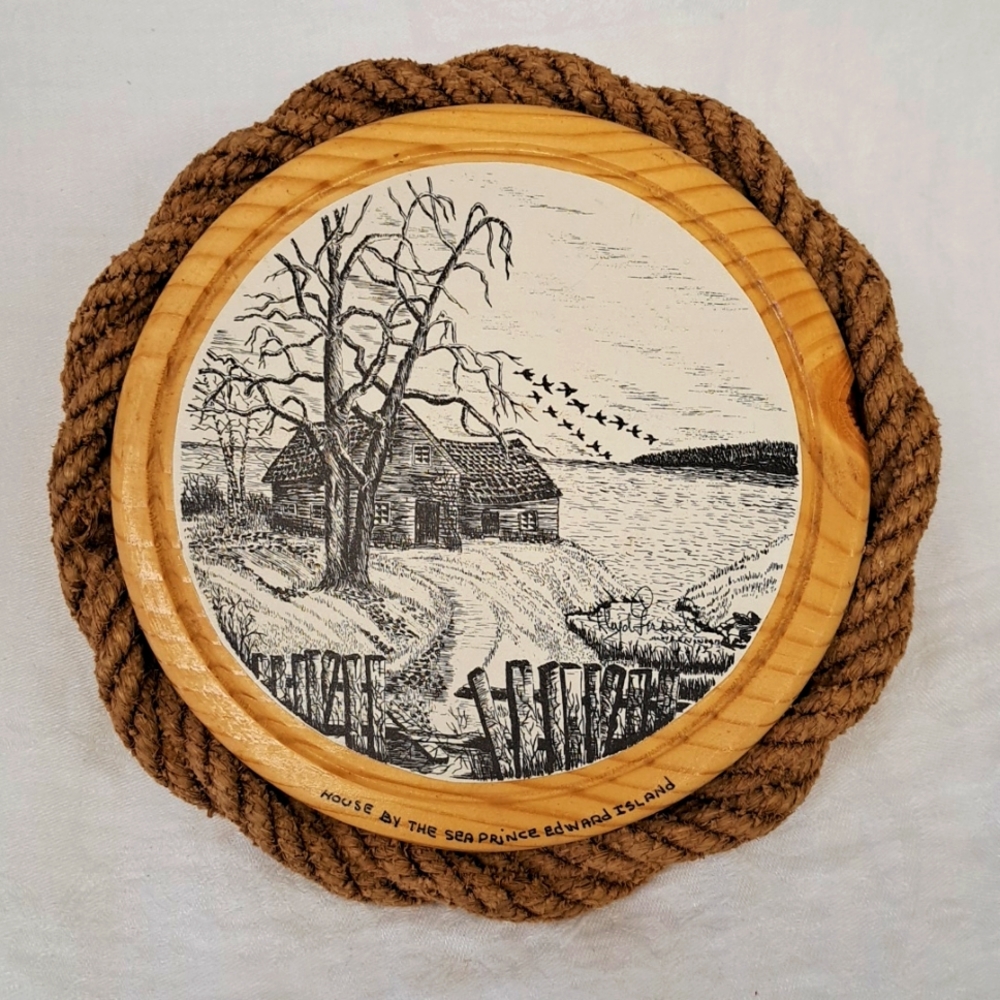 Vintage 1989 handcrafted in PEI artist signed 9” wood porthole scene